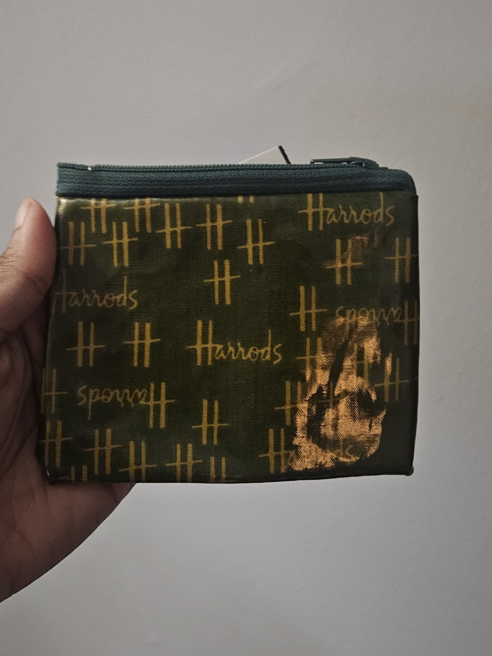 Vintage Harrods Forest Green Zip Purse with Gold Logo Pattern